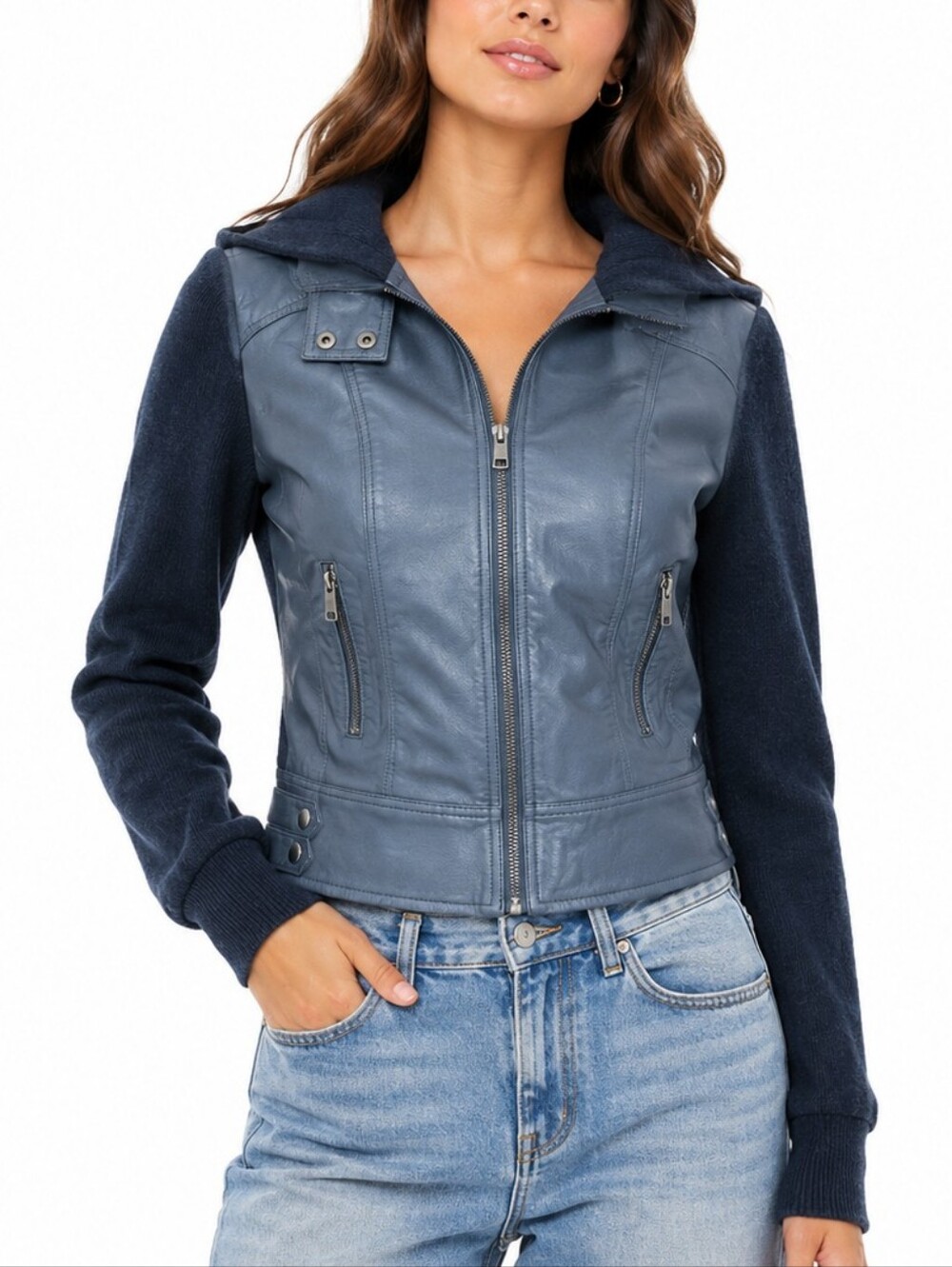 Moto Bomber jacket Faux leather jersey zip Juniors Medium Urbanology Fitted Crop